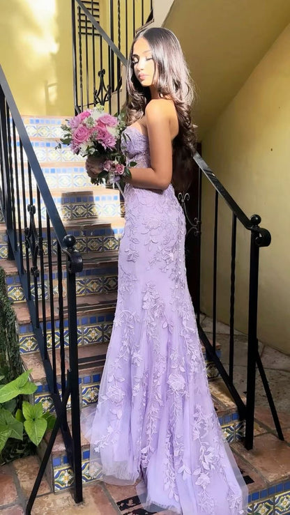 Pretty Mermaid Strapless Lilac Tulle Applique Slit Long Prom Dress,Evening Dress GG1674