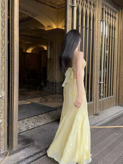 Elegant Mermaid Spaghetti Straps Pastel Yellow Chiffon Long Prom Dress,Evening Dress GG1685