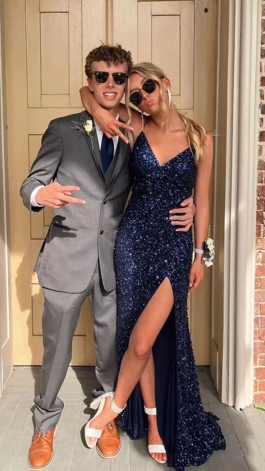 Glitter Mermaid Spaghetti Straps Navy Satin Sequin Slit Long  Prom Dress,Evening Dress GG1694