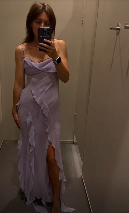 Charming Mermaid Spaghetti Straps Lilac Chiffon Ruffles Slit Long Prom Dress,Evening Dress GG1737