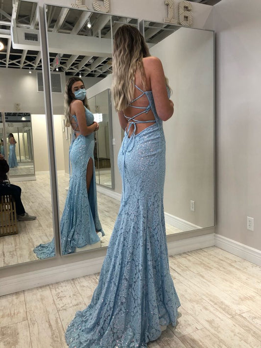 Pretty Mermaid Spaghetti Straps Pale Blue Satin Lace Beaded Slit Long Prom Dress,Evening Dress GG1777