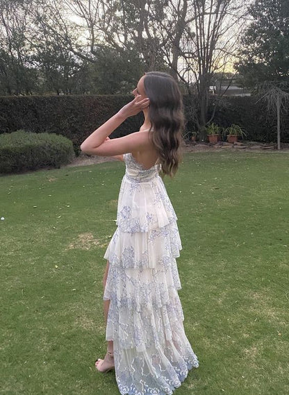 Chic A Line Spaghetti Straps Chiffon Tiered Printing Long Prom Dress,Evening Dress GG1780