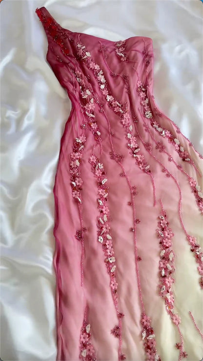 Ombre Mermaid One Shoulder Chiffon Beaded Long Prom Dress,Evening Dress GG1804