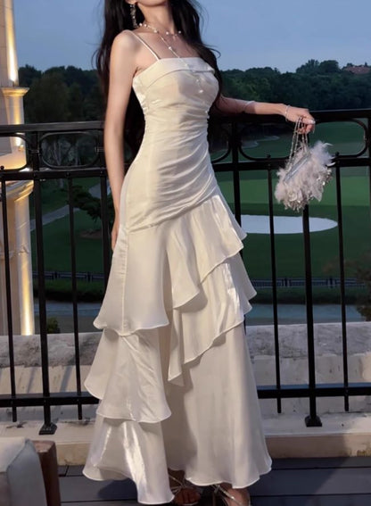 Fairy Mermaid Spaghetti Straps White Satin Tiered Long Prom Dress,Evening Dress GG1812