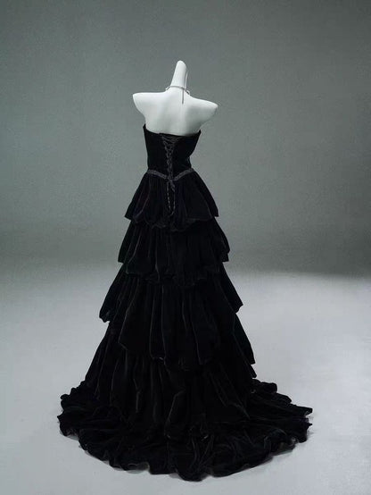 Elegant A Line Strapless Tiered Black Velvet Ball Gown Sweep Long Prom Dresses, Evening Dresses GG183