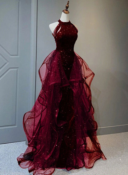 Delicate A Line Halter Black (Burgundy) Beaded Ripple Tulle Long Prom Dresses, Evening Dresses GG189
