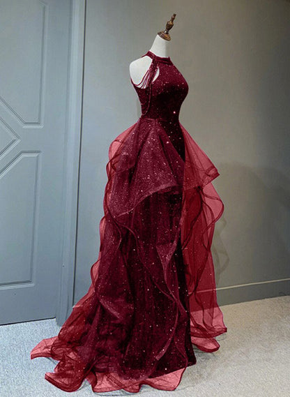Delicate A Line Halter Black (Burgundy) Beaded Ripple Tulle Long Prom Dresses, Evening Dresses GG189