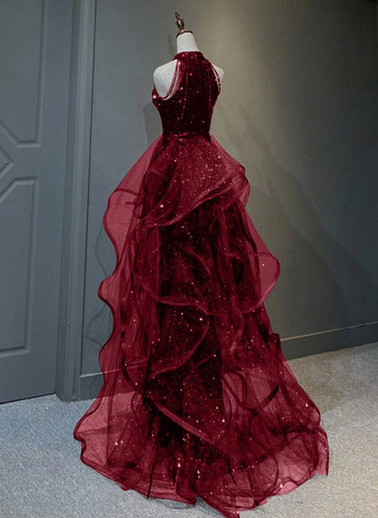 Delicate A Line Halter Black (Burgundy) Beaded Ripple Tulle Long Prom Dresses, Evening Dresses GG189