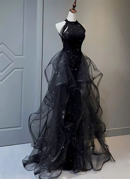 Delicate A Line Halter Black (Burgundy) Beaded Ripple Tulle Long Prom Dresses, Evening Dresses GG189