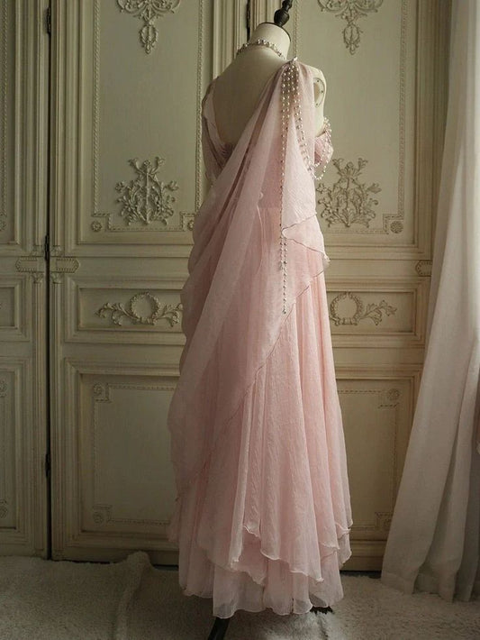 Sweet A Line Spaghetti Straps Pink Chiffon Beading Long Prom Dress,Evening Dress GG1893