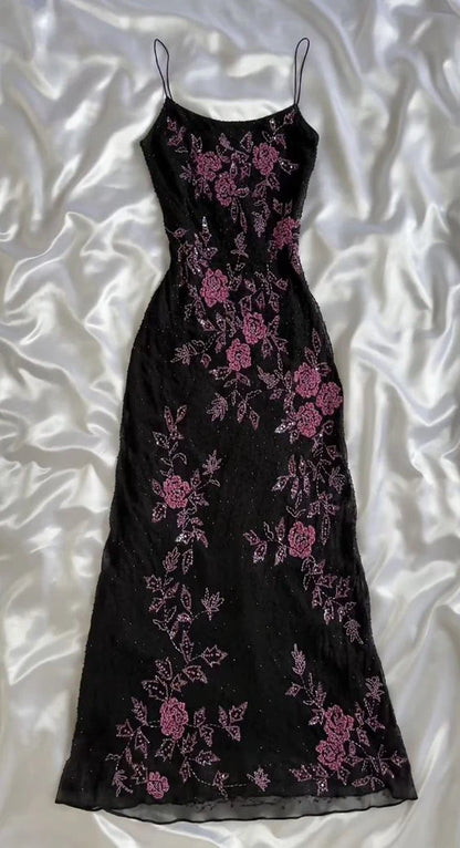 Charming A Line Spaghetti Straps Black Tulle Flowers Long Prom Dress,Evening Dress GG1916
