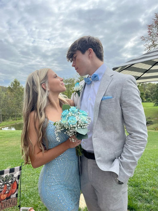 Shiny Mermaid Spaghetti Straps Pale Blue Satin Beaded Long Prom Dress,Evening Dress GG1924