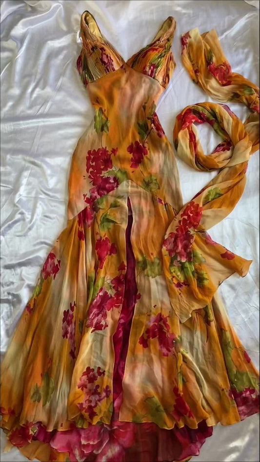 Chic Mermaid V Neck Chiffon Printing Flowers Long Prom Dress,Evening Dress GG1945