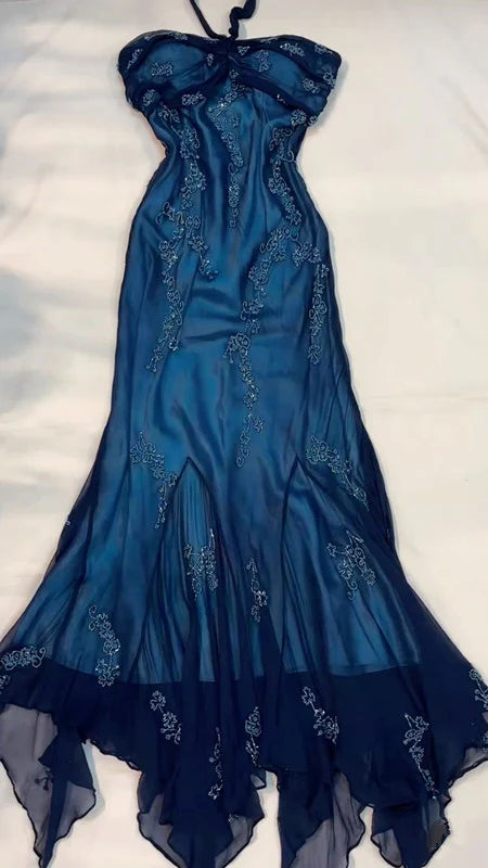 Chic A Line Halter Straps Satin Chiffon Applique Long Prom Dress,Evening Dress GG1962