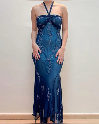 Chic A Line Halter Straps Satin Chiffon Applique Long Prom Dress,Evening Dress GG1962