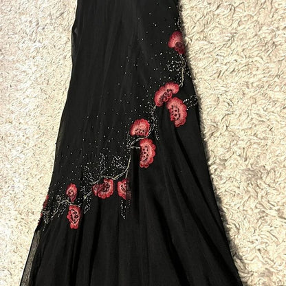 Charming A Line Spaghetti Straps Black Tulle Applique Long Prom Dress,Evening Dress GG1965