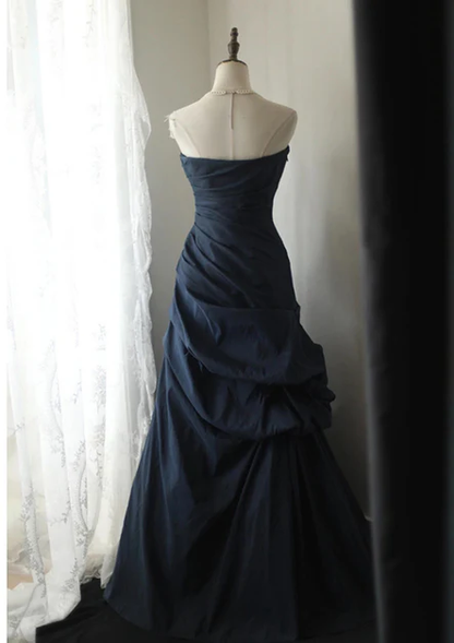 Elegant A Line Sweetheart Strapless Navy Blue Vintage Style Taffeta Long Prom Dress, Evening Dress  GG197