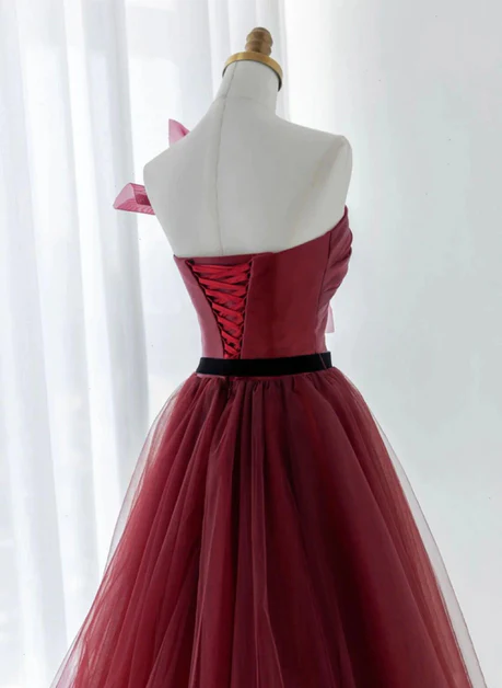 Elegant A Line Strapless Wine Red Tulle Black Belt Long Prom Dress, Evening Dress  GG198