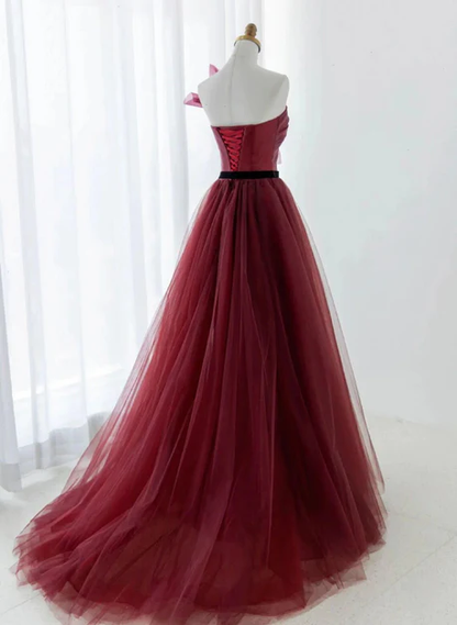 Elegant A Line Strapless Wine Red Tulle Black Belt Long Prom Dress, Evening Dress  GG198