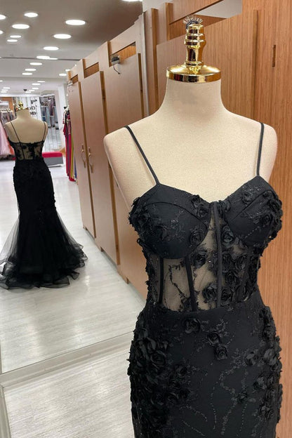 Pretty Mermaid Spaghetti Straps Black Satin Tulle Applique Long Prom Dress,Evening Dress GG2017