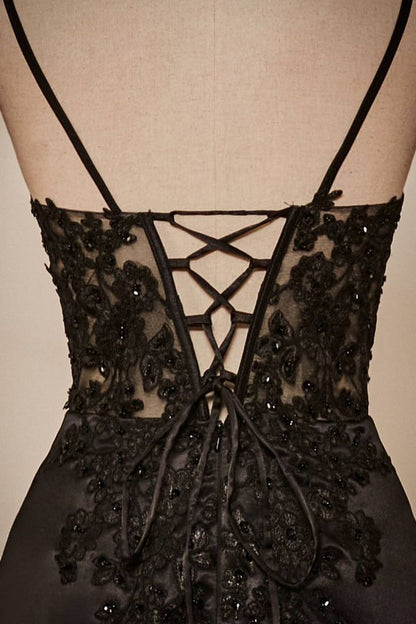 Elegant Mermaid Spaghetti Straps Black Satin Applique Long Prom Dress,Evening Dress GG2018
