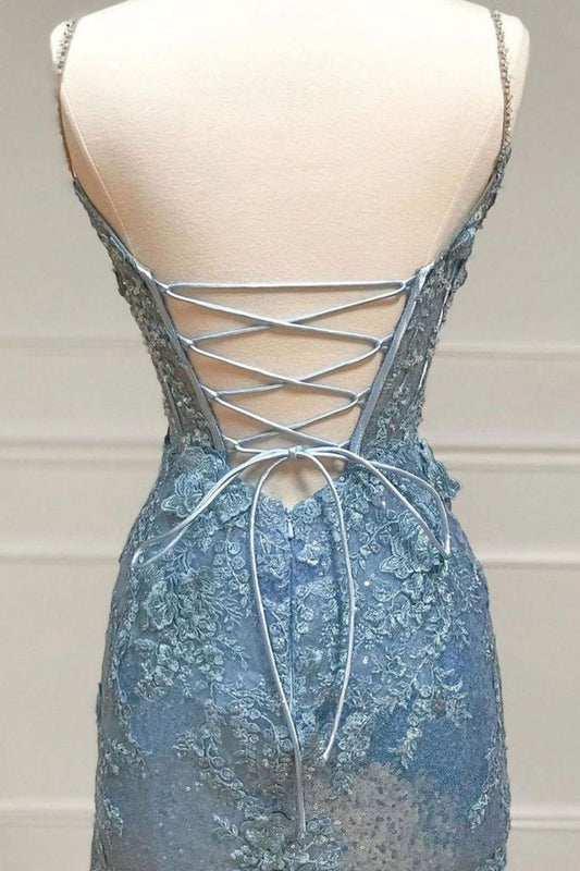 Beautiful Mermaid Spaghetti Straps Pale Blue Satin Lace Applique Slit Long Prom Dress,Evening Dress GG2022