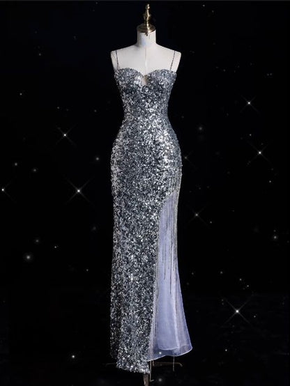 Sparkly Mermaid Spaghetti Straps Silver Sequin Slit Long Prom Dress,Evening Dress GG2048