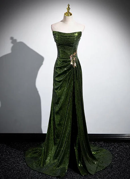 Shiny Mermaid Strapless Green Sequins Split Long  Prom Dress, Evening Dresses GG212