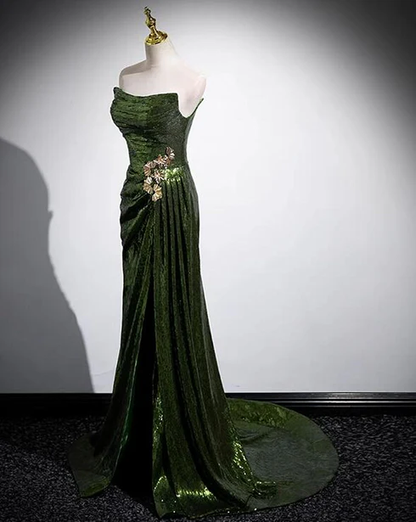 Shiny Mermaid Strapless Green Sequins Split Long  Prom Dress, Evening Dresses GG212