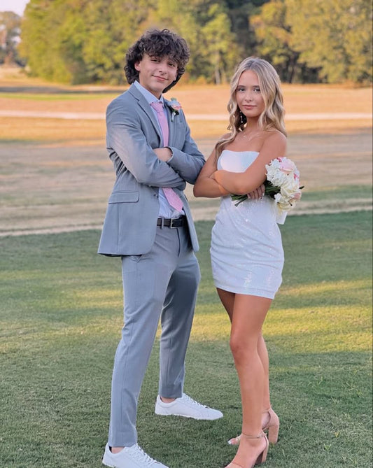 Sheath Mermaid Strapless White Satin Sequin Back With Bow Short Prom Dress,Homecoming Dress,Evening Dress GG2145