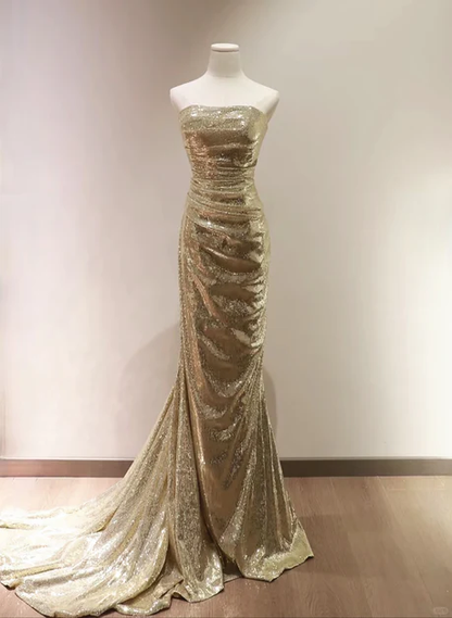 Chic Mermaid Strapless Sequins Gold Sweep Long Prom Dress, Evening Dresses GG218