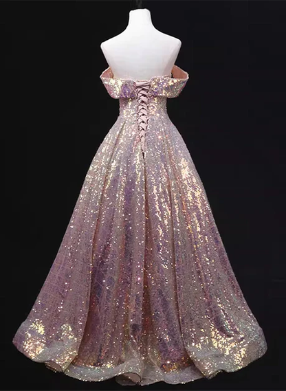 Glitter Pink A Line Off The Shoulder Strapless Sequins Long Prom Dress, Evening Dresses GG219
