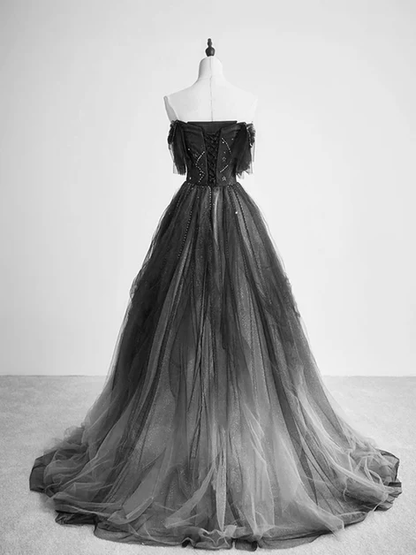 Chic A Line Sweetheart Black Tulle Gradient With Beadings Long Prom Dresses,Black Evening Dress  GG230