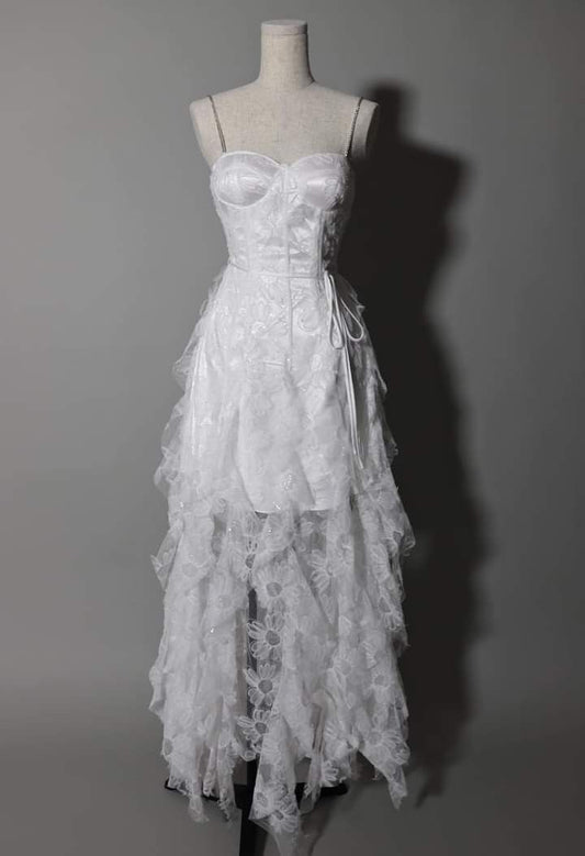 Classy Mermaid Spaghetti Straps White Satin Tulle Lace Short Prom Dress,Homecoming Dress,Evening Dress GG2342
