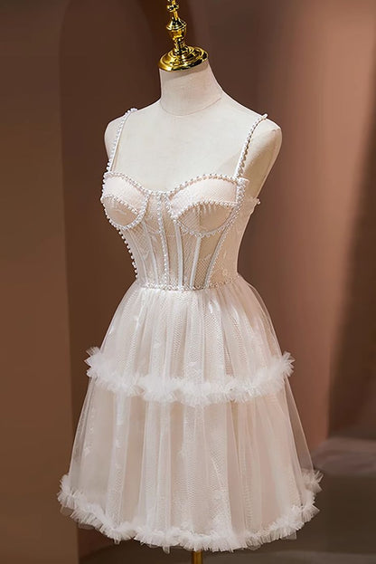 Lovely A Line Spaghetti Straps Tulle Pearl Short Prom Dress,Homecoming Dress,Birthday Dress GG2351