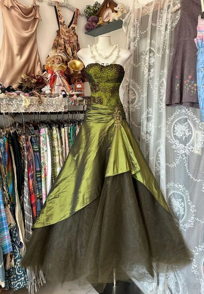 Vintage A Line Strapless Satin Tulle Sequin Long Prom Dress,Party Dress,Evening Dress GG2365