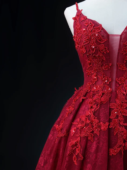 Elegant A Line V Neckline  Spaghetti Straps Wine Red Lace Applique Long Prom Dress,Evening Dress GG239