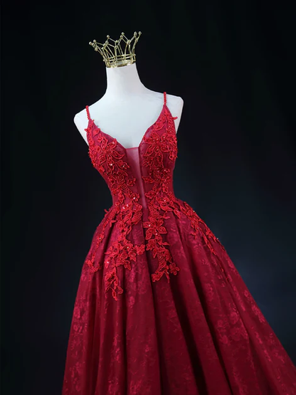 Elegant A Line V Neckline  Spaghetti Straps Wine Red Lace Applique Long Prom Dress,Evening Dress GG239