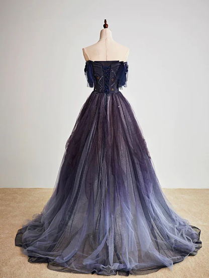 Chic A Line Sweetheart Purple Tulle Gradient With Beadings Long Prom Dresses,Purple Evening Dress  GG241