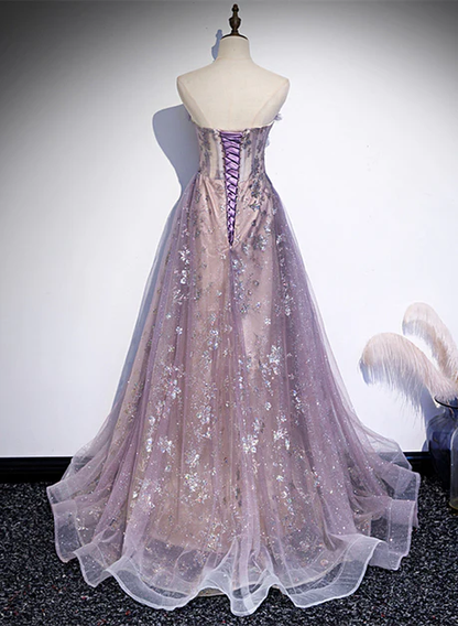 Chic A Line Sweetheart Light Purple Sequins Tulle With Lace Long Prom Dresses, Evening Dress  GG242