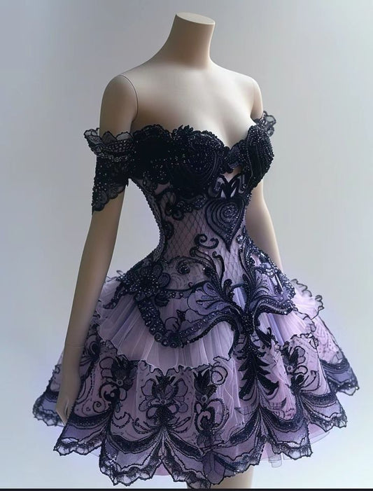 Delicate A Line Off The Shoulder Tulle Beaded Short Prom Dress,Homecoming Dress,Birthday Dress GG2431