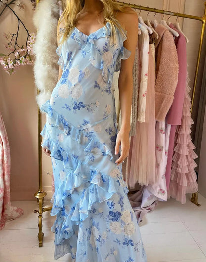 Fairy Mermaid Spaghetti Straps Chiffon Printing Ruffles Long Prom Dress, Party Dress, Evening Dress GG2449