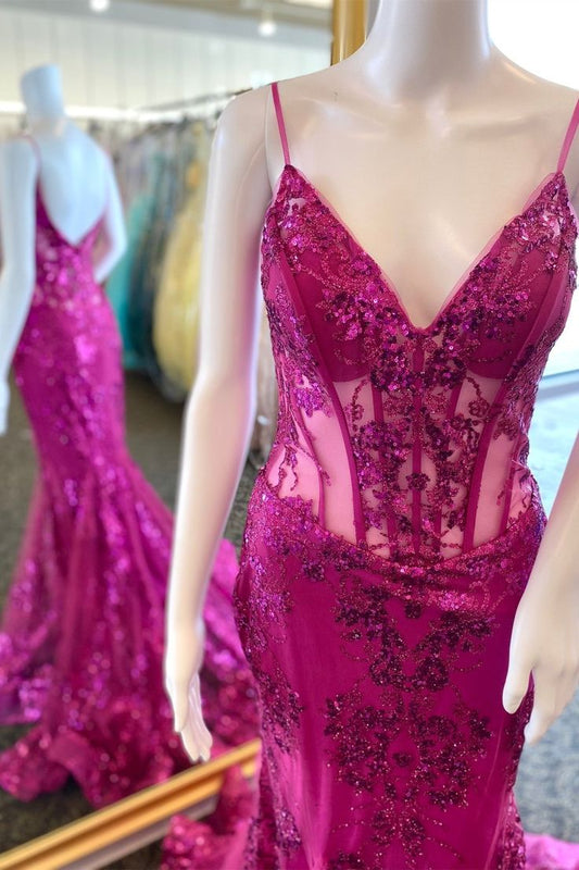 Stunning Mermaid Spaghetti Straps Tulle Lace Long Prom Dress, Party Dress, Evening Dress GG2451