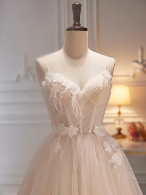 Elegant A Line Spaghetti Straps Lvory Tulle with Flowers  Long Prom Dress,Evening Dress  GG246