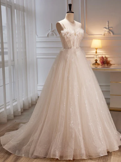 Elegant A Line Spaghetti Straps Sweetheart Lvory Tulle With Flowers Long Prom Dress, Evening Dress  GG247