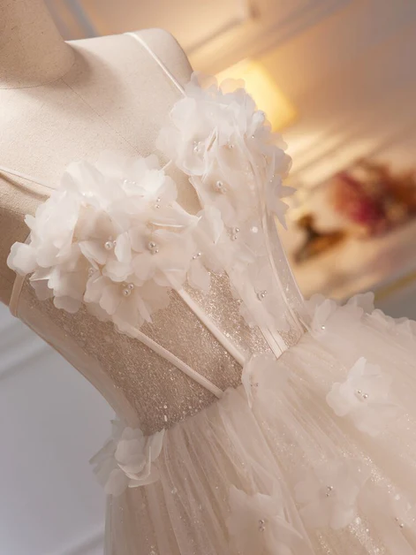 Elegant A Line Spaghetti Straps Sweetheart Lvory Tulle With Flowers Long Prom Dress, Evening Dress  GG247