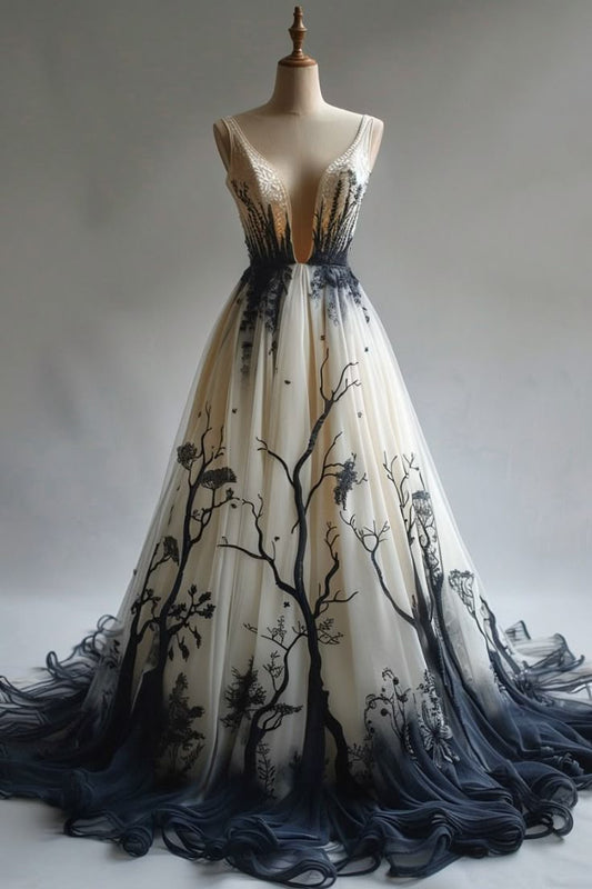 Gorgeous A Line V Neck Gradient Tulle Long Prom Dress, Party Dress, Evening Dress GG2496