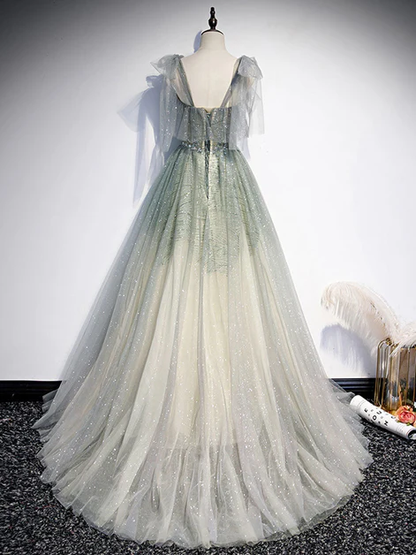 Elegant A Line Sweetheart Green Tulle Applique Beaded Long Prom Dress, Evening Dress GG251