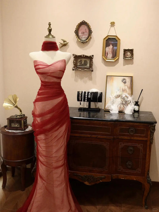 Classy Mermaid Strapless Burgundy Tulle Long Prom Dress, Party Dress, Evening Dress GG2532