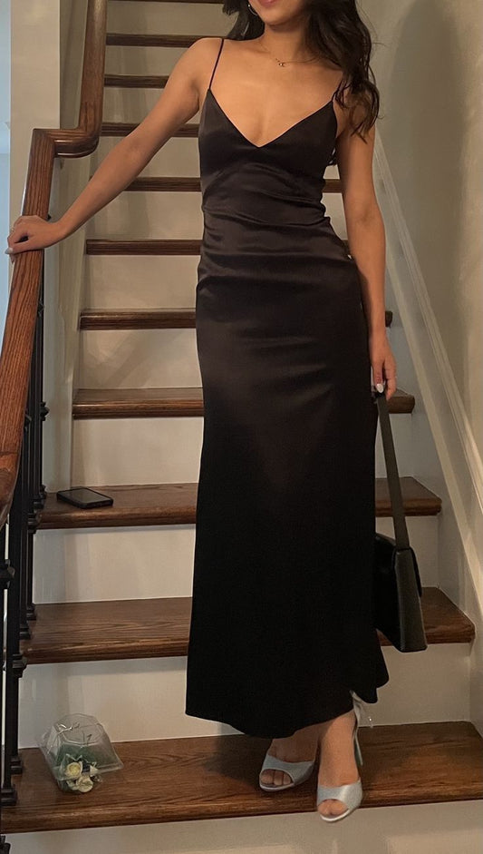 Simple Mermaid Spaghetti Straps Black Satin Long Prom Dress, Party Dress, Evening Dress GG2535